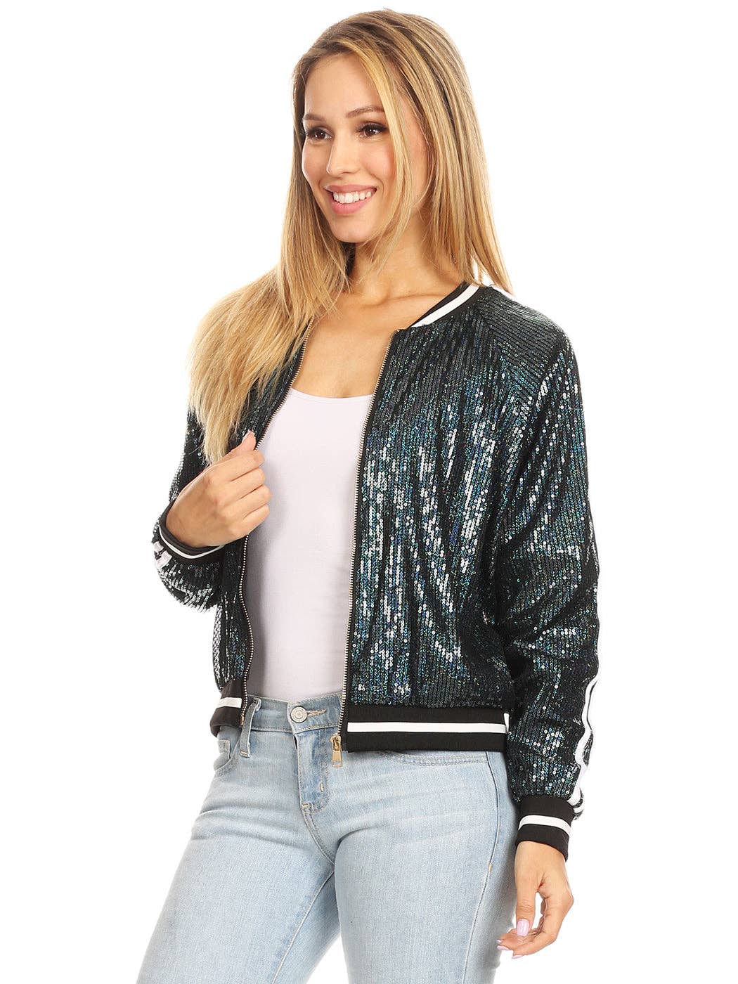 Anna Kaci Wholesale - Wholesale Varsity/Baseball Jacket - Women's - Striped Metallic Sequin Varsity Jacket113