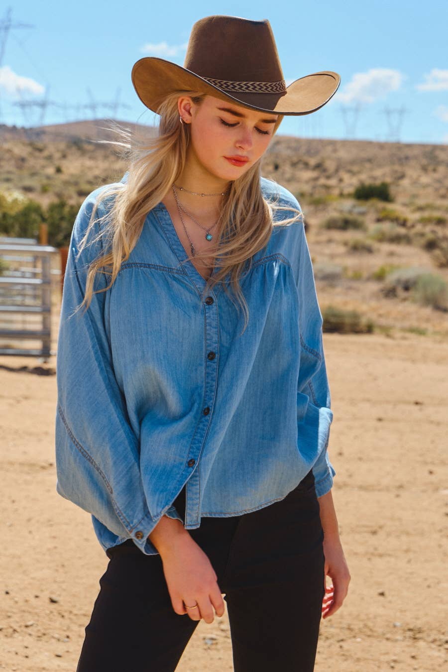 Chambray Denim V-neck Button Down Shirt for wholesale on Faire1