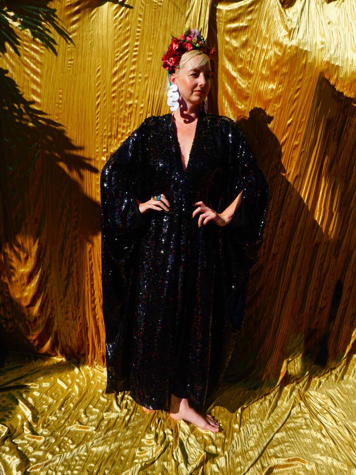 Fumbalinas - Wholesale Kaftan - Women's - Petrol Black Holographic Sequin Maxi Kaftan Gown/Kimono Robe5