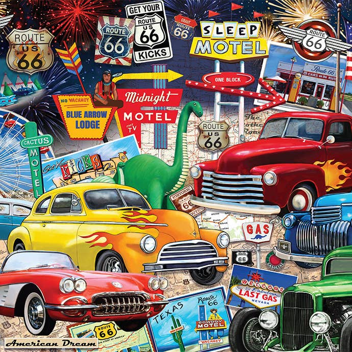 Crown Point Graphics - Wholesale Puzzle - Adult - Route 66 Vintage Cars and Trucks - 1000 Piece Jigsaw Puzzle