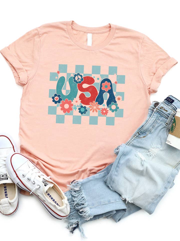 Geruit T-shirt met Amerikaanse print voor wholesale door Tickled Teal