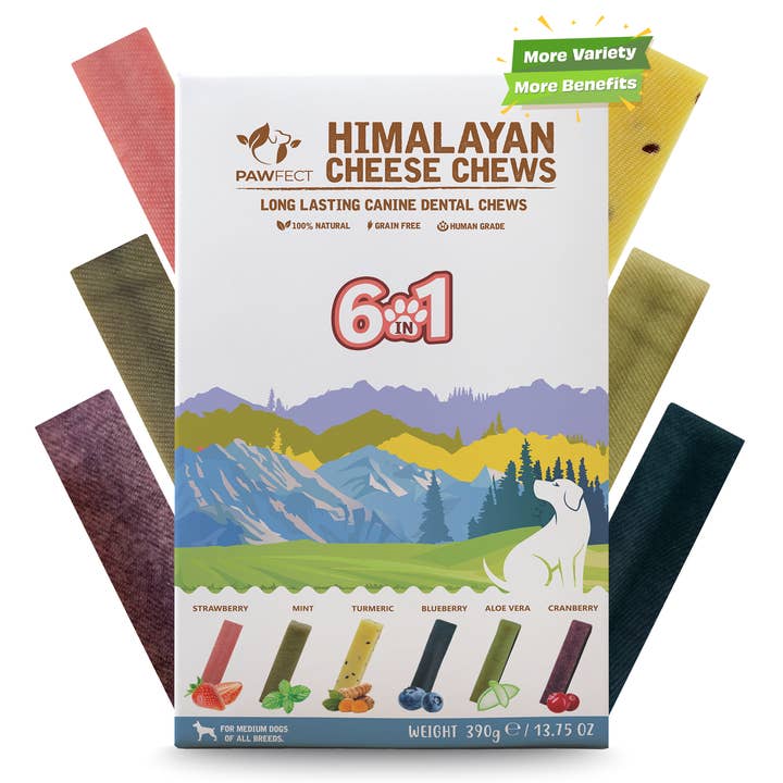 Pawfect Foods - Wholesale Pet Treats - Dog - Pawfect Himalayan Cheese Chew Bars Variety Pack (Medium) - Pack of 6 (Strawberry, Mint, Turmeric, Blueberry, Cranberry, Aloe Vera) (390g/13.75oz)