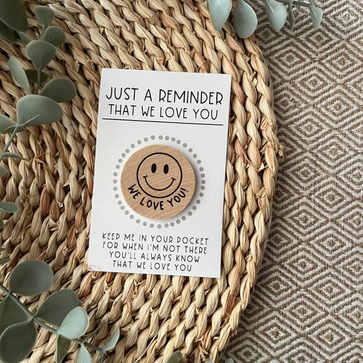 Handmade by Hammero - Wholesale Keepsake Coin/Token - Pocket Hug, Brave Button, and Smile - Wood Engraved Token