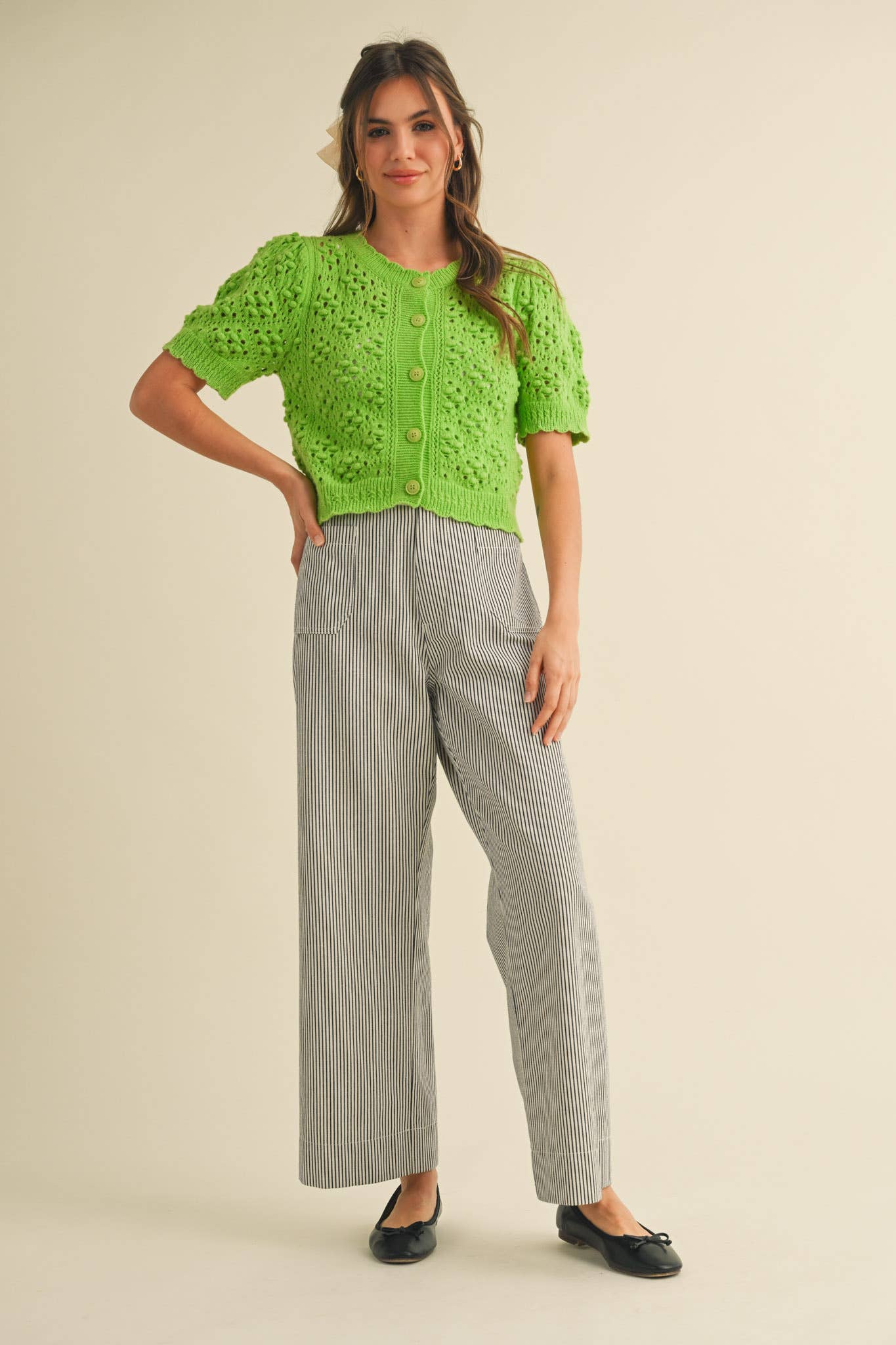 &MERCI - Wholesale Cardigan - Women's - CROPPED POINTELLE BUTTON DOWN SWEATER CARDIGAN MSW1085727