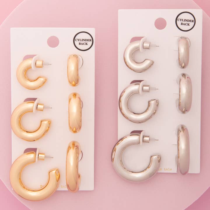 3 Pair C-Shape Hoop Earring Set with Cylinder Backings for wholesale by SP Sophia Collection