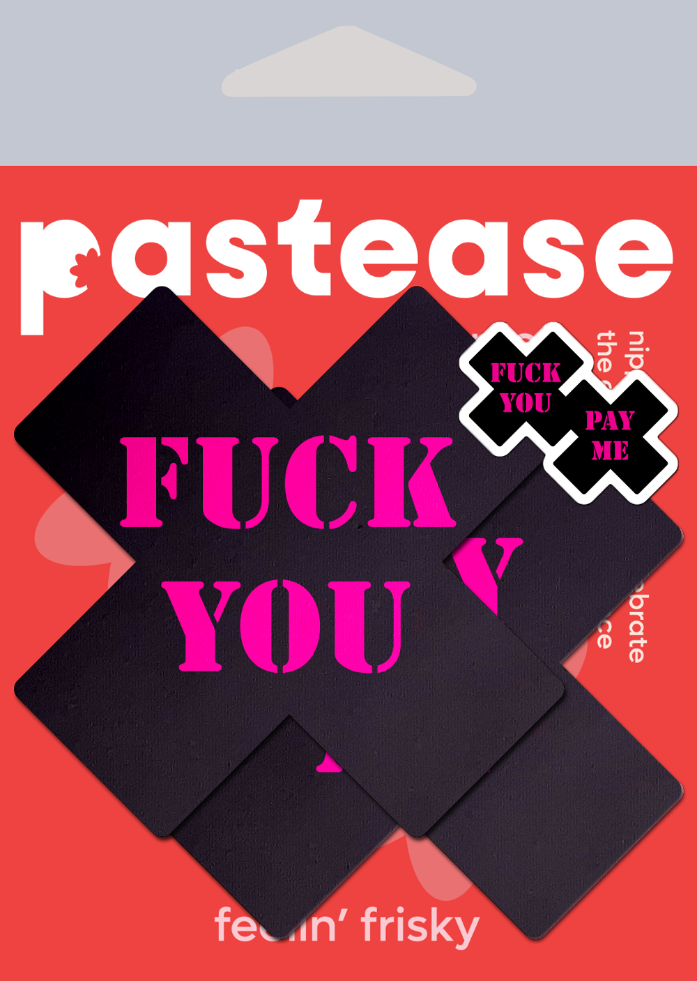 Pastease® - Wholesale Nipple Pasties - Women's - Plus X: Black & Pink 'Fuck You, Pay Me' Cross Nipple Pasties1