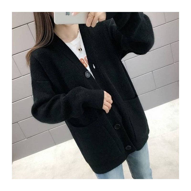 Plush Looks – wholesale Kofta - Dam – Löst sittande V-ringad enfärgad koftatröja0