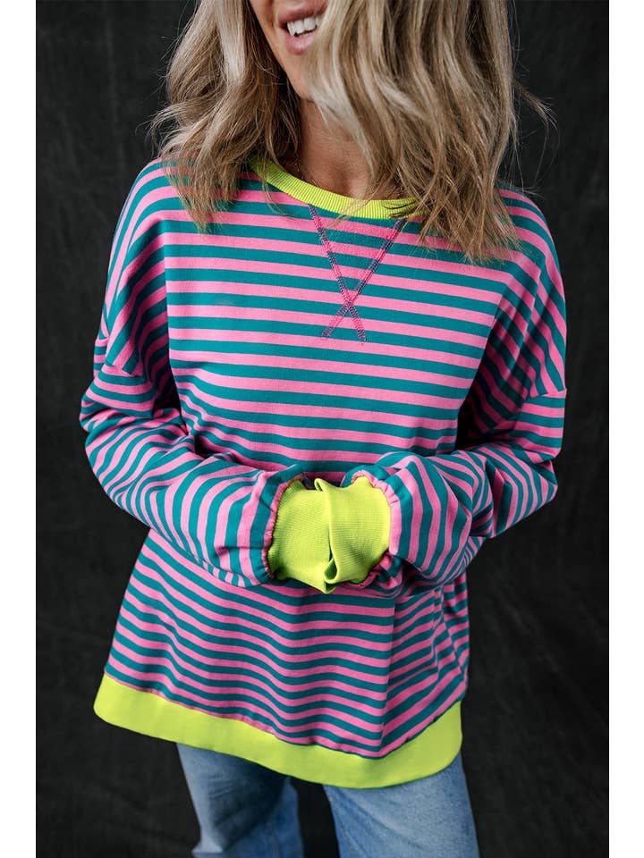Amaryllis Apparel - Wholesale Sweatshirt - Women's - Stripe Oversized Contrast Trim Pullover Sweatshirt36