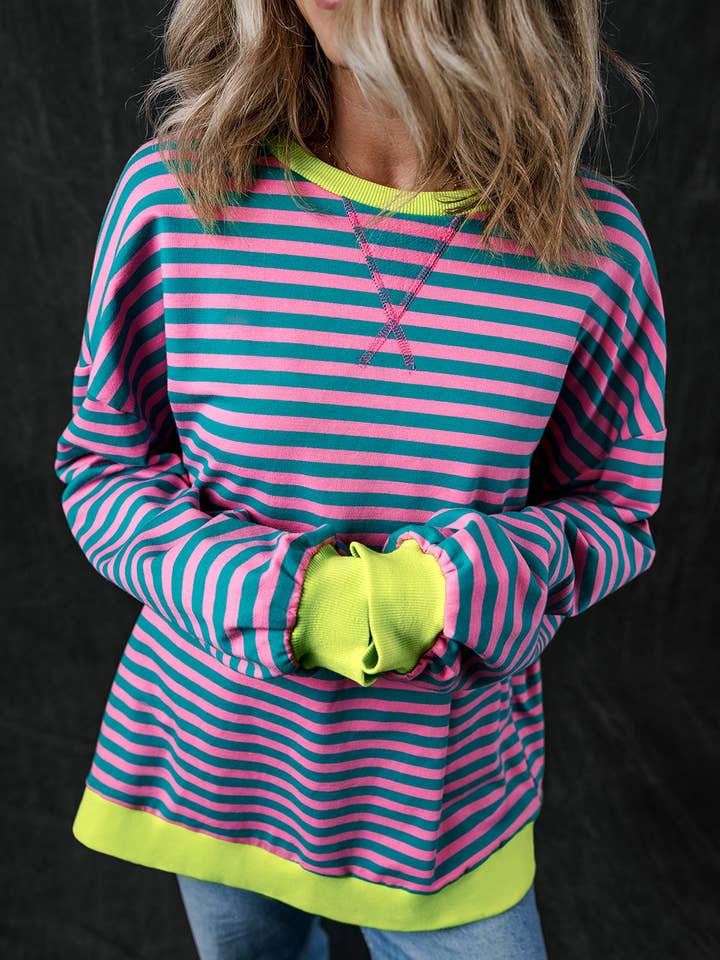 Green Stripe Oversized Colorblock Striped Pullover Sweatshirt for Women for wholesale on Faire4