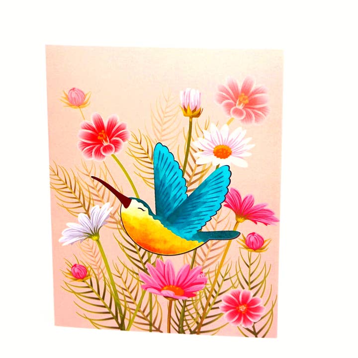 Wonder Paper Art - Wholesale Everyday Greeting Card - Hummingbird Pop Up Card - Intricate Blooming Flowers Design