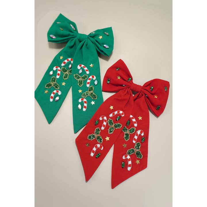 JOSSLYN by wall to wall - Wholesale Hair Pin - CHRISTMAS CANDY CANE SEED BEAD HAIR BOW CLIP | 91HC4531
