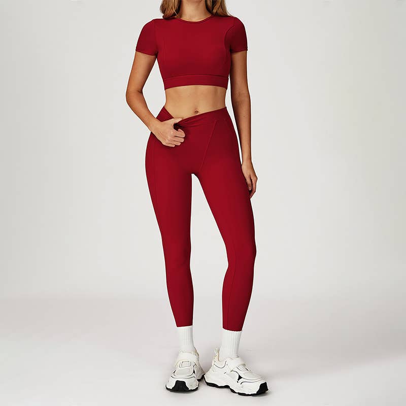 WONDERXFANS – wholesale Activewear set – Women′s – round-neck short sleeve sports crop top+high-waisted legging9