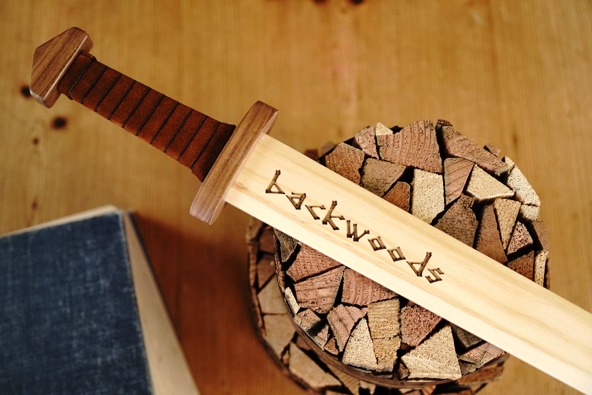 Backwoods Provisions - Wholesale Classic Toy - Kids - Large Wood Replica Viking Sword ith Norse Motif, Wooden Sheath with Leather Wrapped Handle3