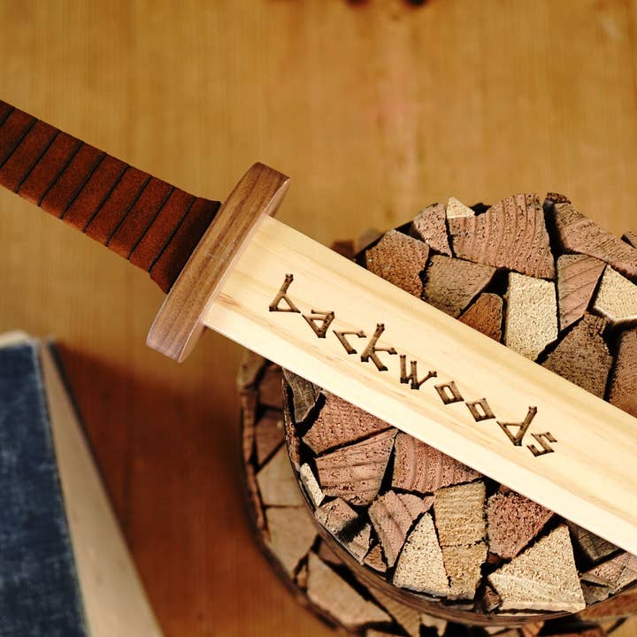 Backwoods Provisions - Wholesale Classic Toy - Kids - Large Wood Replica Viking Sword ith Norse Motif, Wooden Sheath with Leather Wrapped Handle3