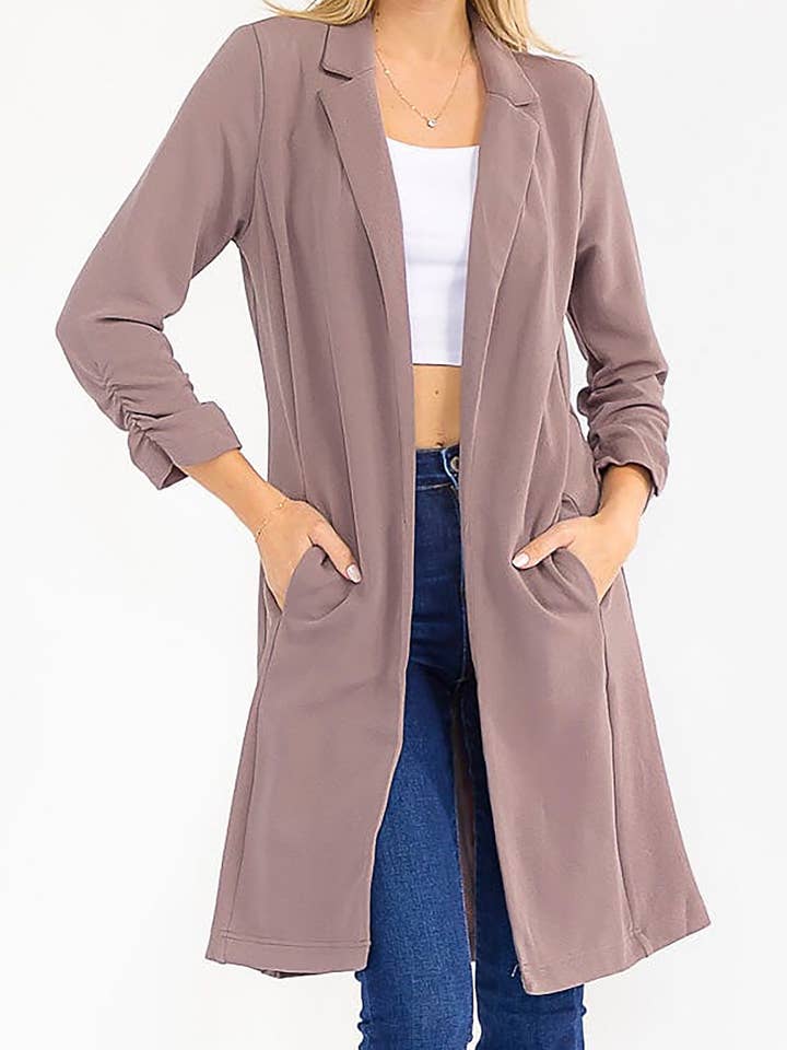 SOLID 3/4 SLEEVE NOTCHED OPEN FRONT JACKETS for wholesale by ROUSSEAU