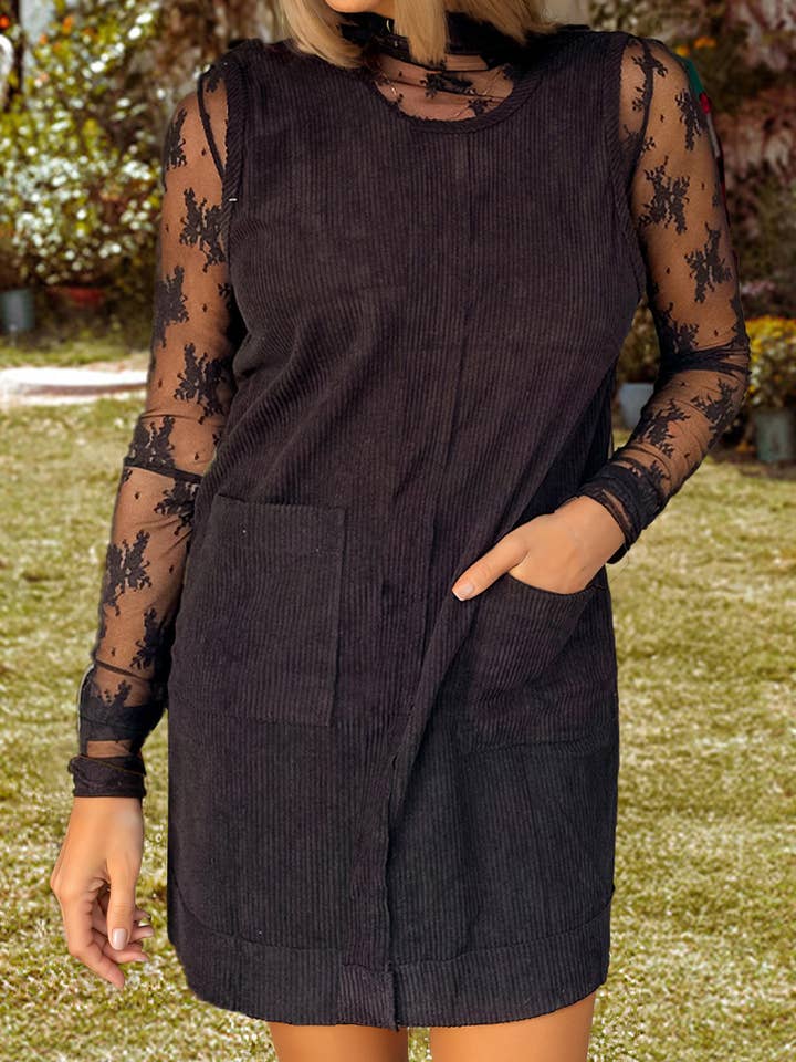 Corduroy Sleeveless Mini Fall Dress With Patched Pockets*S-4X for wholesale by fashionworks