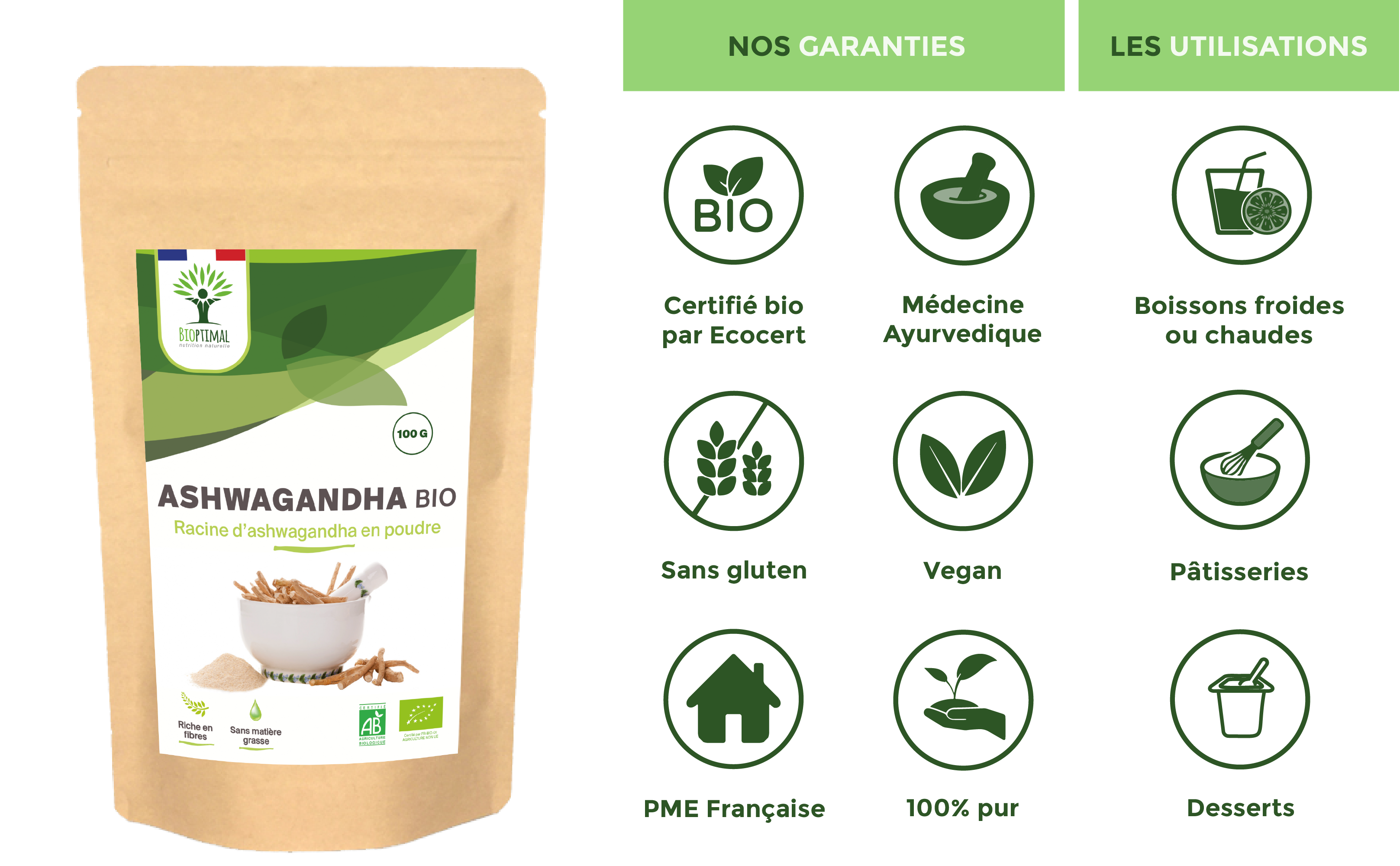 Bioptimal – Proteína/Superalimento em pó por atacado – Pó orgânico de ashwagandha - Embalado na França - Vegano8