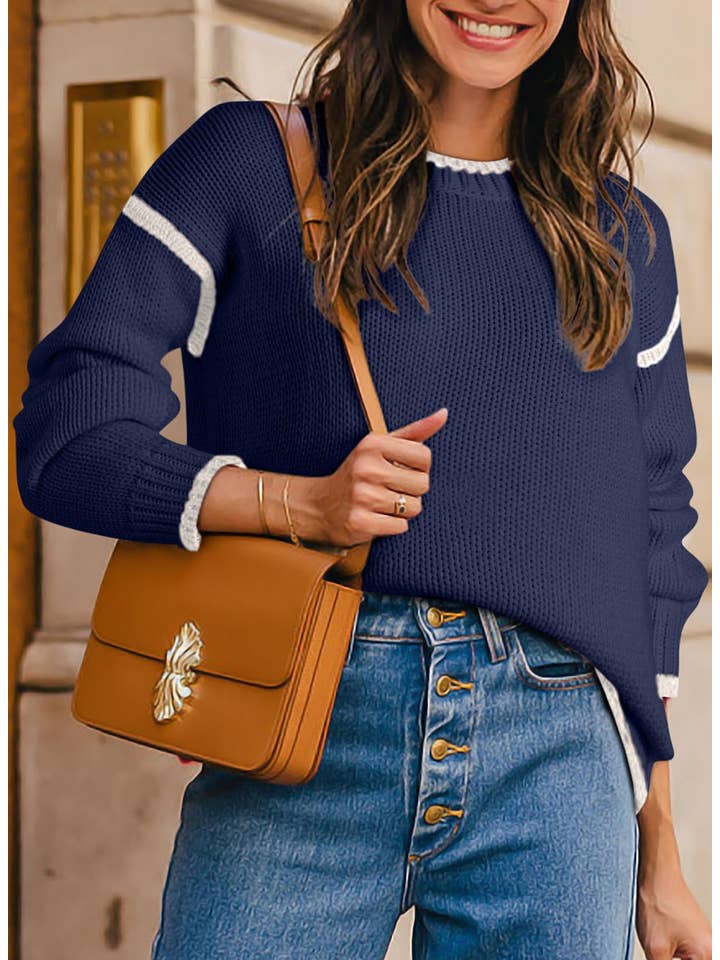 Anna Kaci Wholesale - Wholesale Knit Sweater - Women's - Crew Neck Knit Sweater with Red Trim Detail and Long Sleeves11