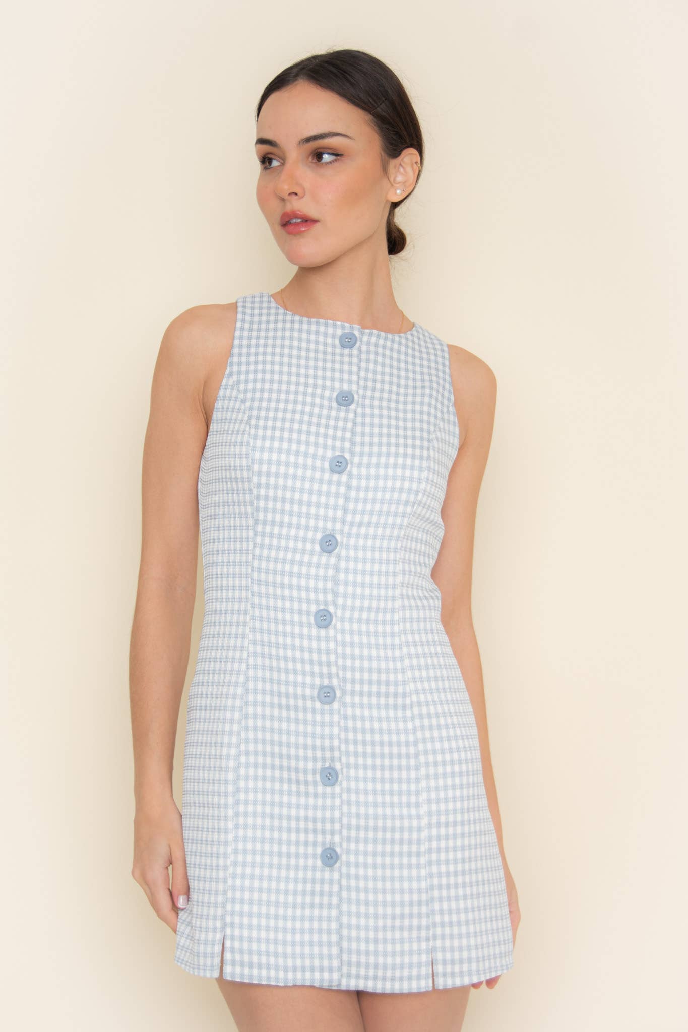 Fore Collection - Wholesale Dress - Women's - GINGHAM CHECKER BUTTON CLOSURE TANK MINI DRESS-DI9935FO27