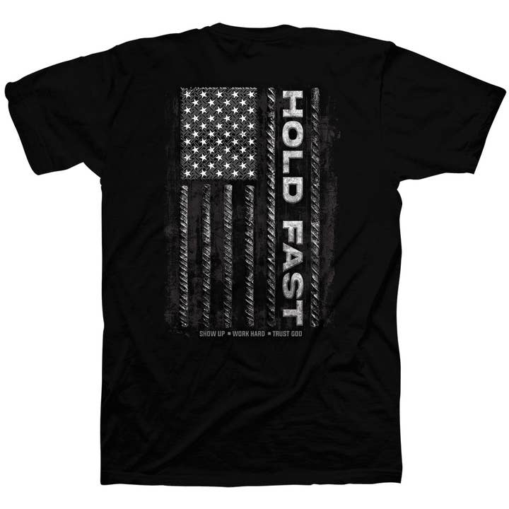Black HOLD FAST Mens T-Shirt Rebar Flag for wholesale on Faire