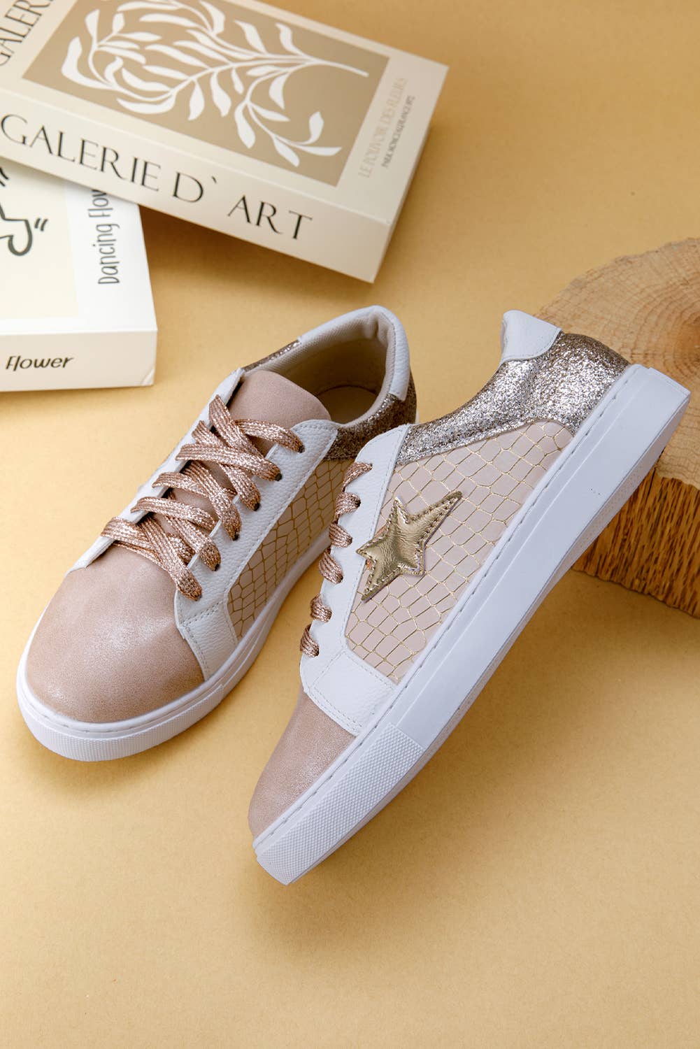 1 the Woman - Wholesale Lifestyle Sneakers - Women's - Glitter Star Patchwork PU Leather Lace-up Sneakers8