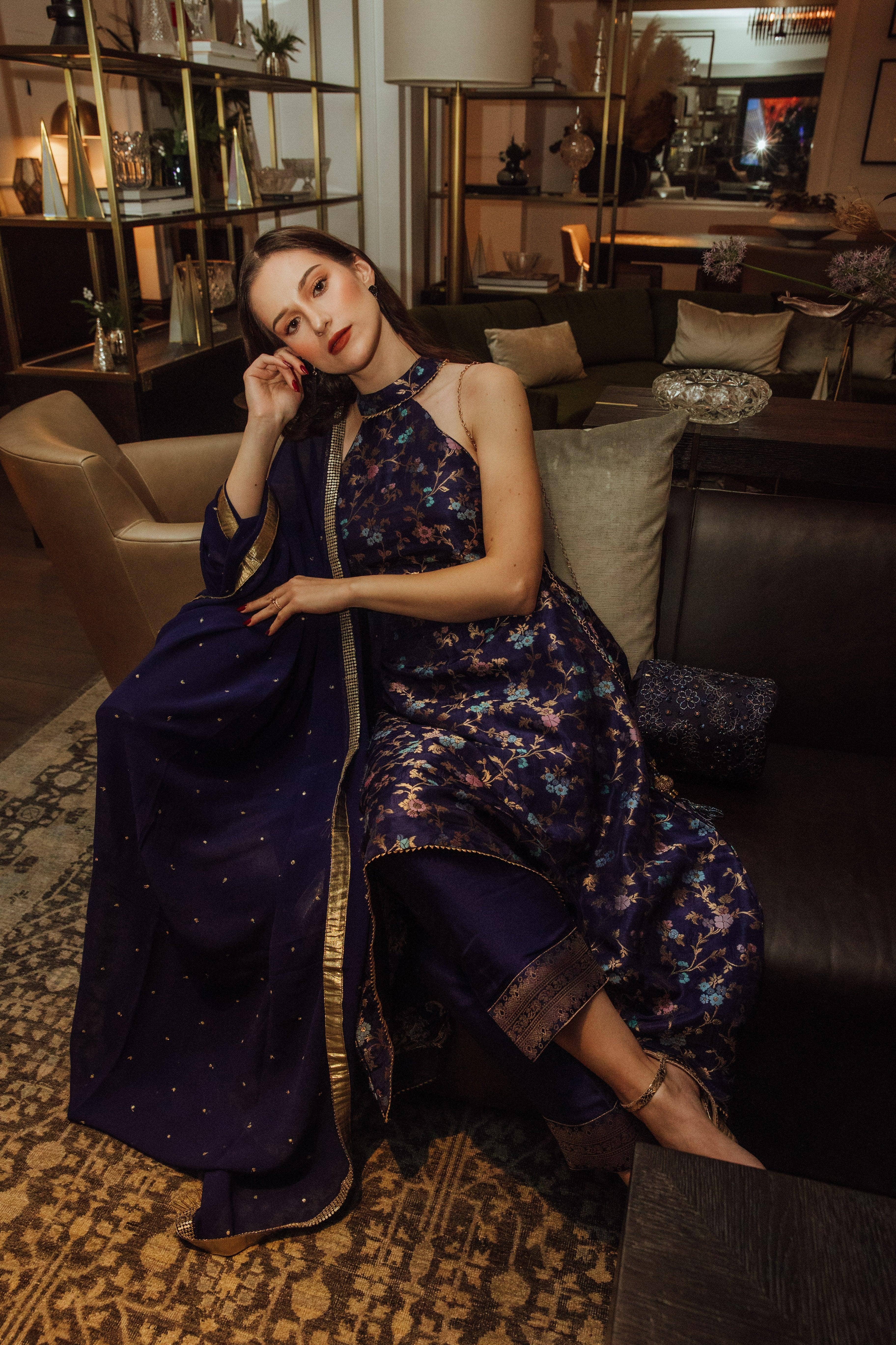 Navy Lazuli Blue Banarasi Silk Salwar Kameez Set with Halter Neck for wholesale on Faire1