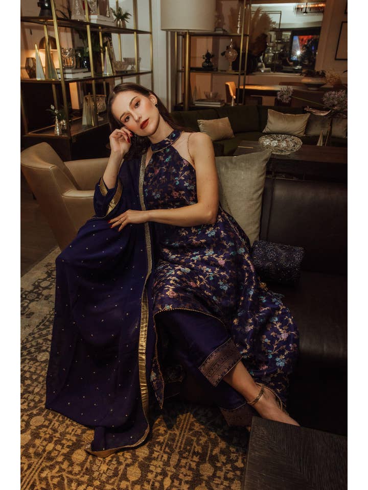 Navy Lazuli Blue Banarasi Silk Salwar Kameez Set with Halter Neck for wholesale on Faire1