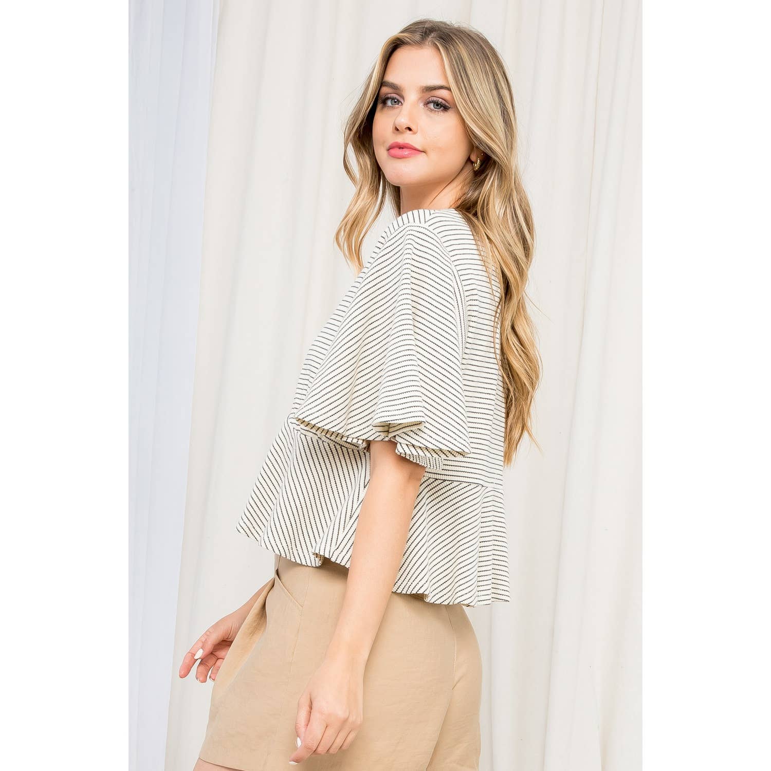 Cream Stripe Front Tie Short Sleeve Cardigan for wholesale on Faire7