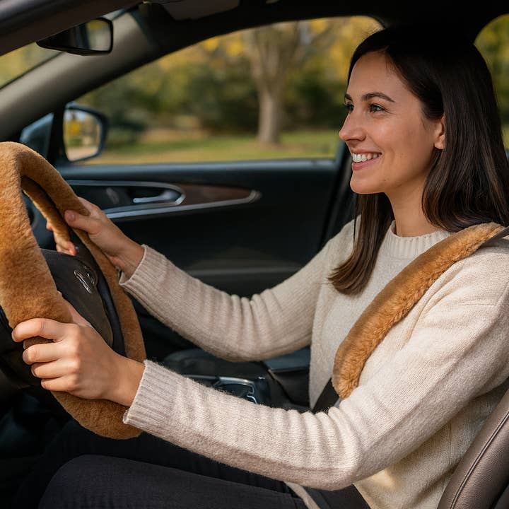 SHEEPSKIN ELITE - Wholesale Beach accessories - Faux Sheepskin Steering Wheel & Seat Belt Cover Set – Coffee1
