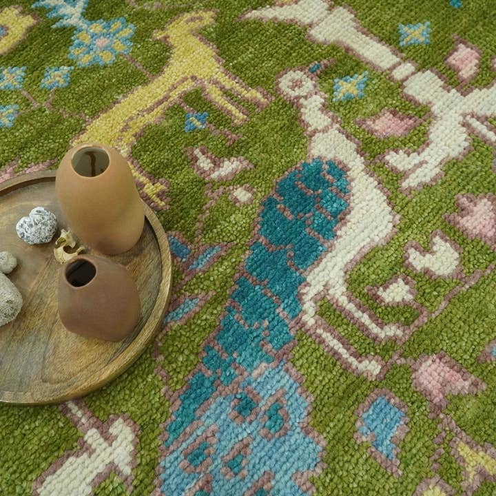 The Rug Decor, Inc. - Wholesale Area Rug - The Green Jungle Life Teal and Peach Peacock Bird Hand Knotted Custom Made Wool Area Rug8