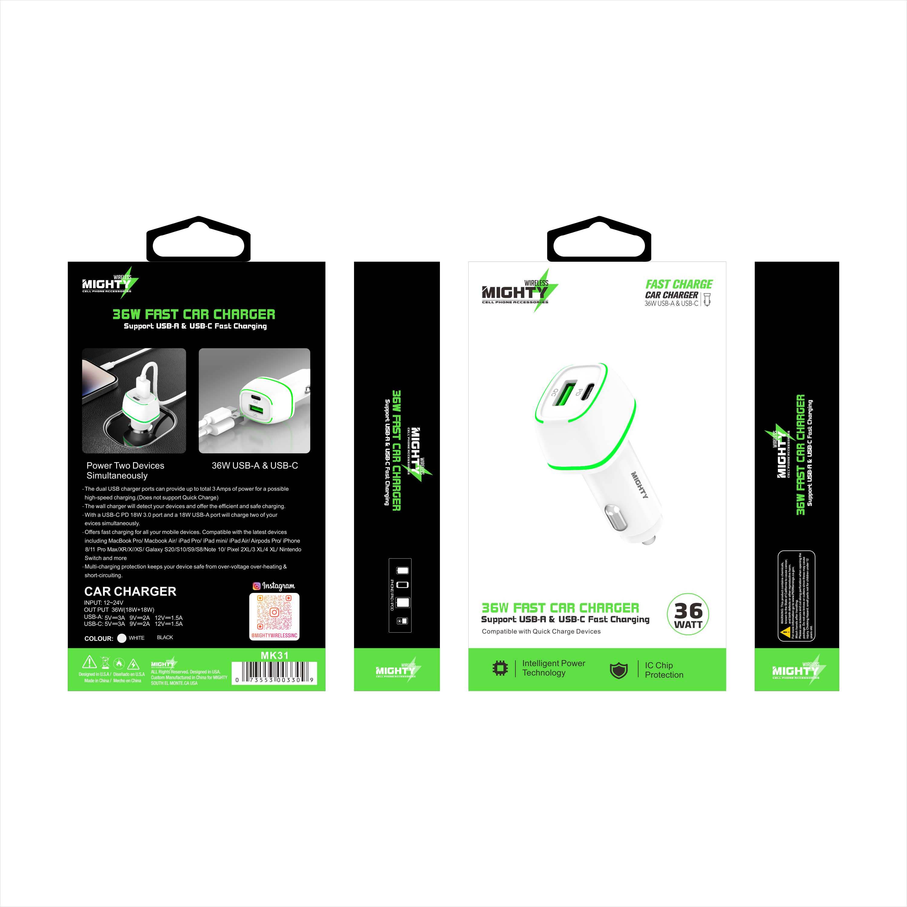 Mighty Wireless - Wholesale Portable Charger - Mighty Fast 36W PD Car Charger with USB Port White MK31 3