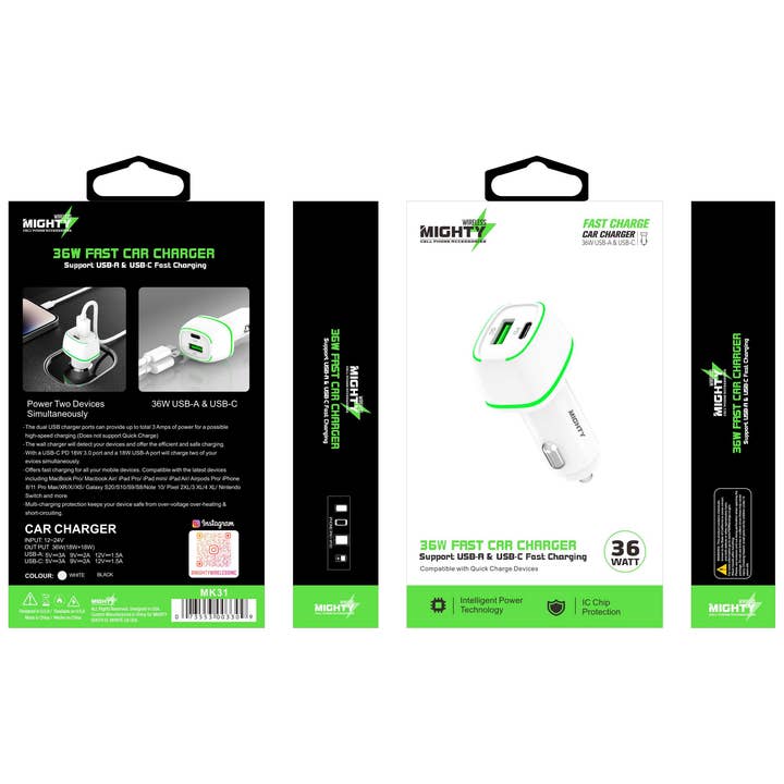 Mighty Wireless - Wholesale Portable Charger - Mighty Fast 36W PD Car Charger with USB Port White MK31 3