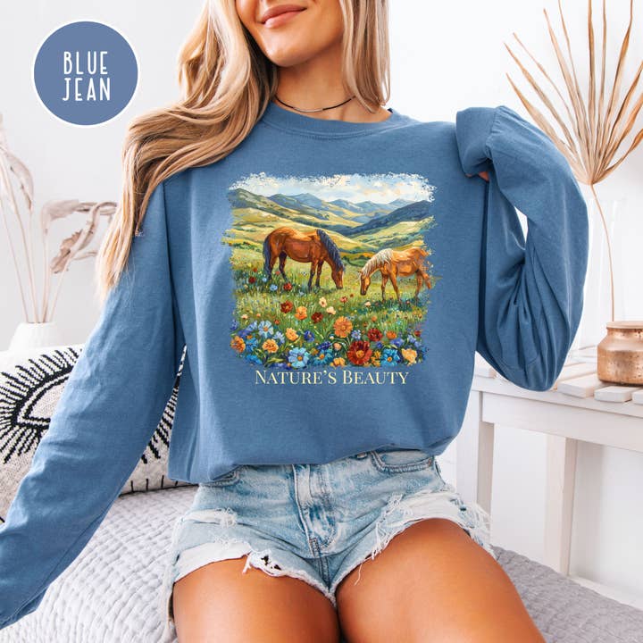 Beautiful Horses in a Field of Flowers Long Sleeve Comfort Colors Horse Lover Gift Tee for wholesale by CindyL Boutique