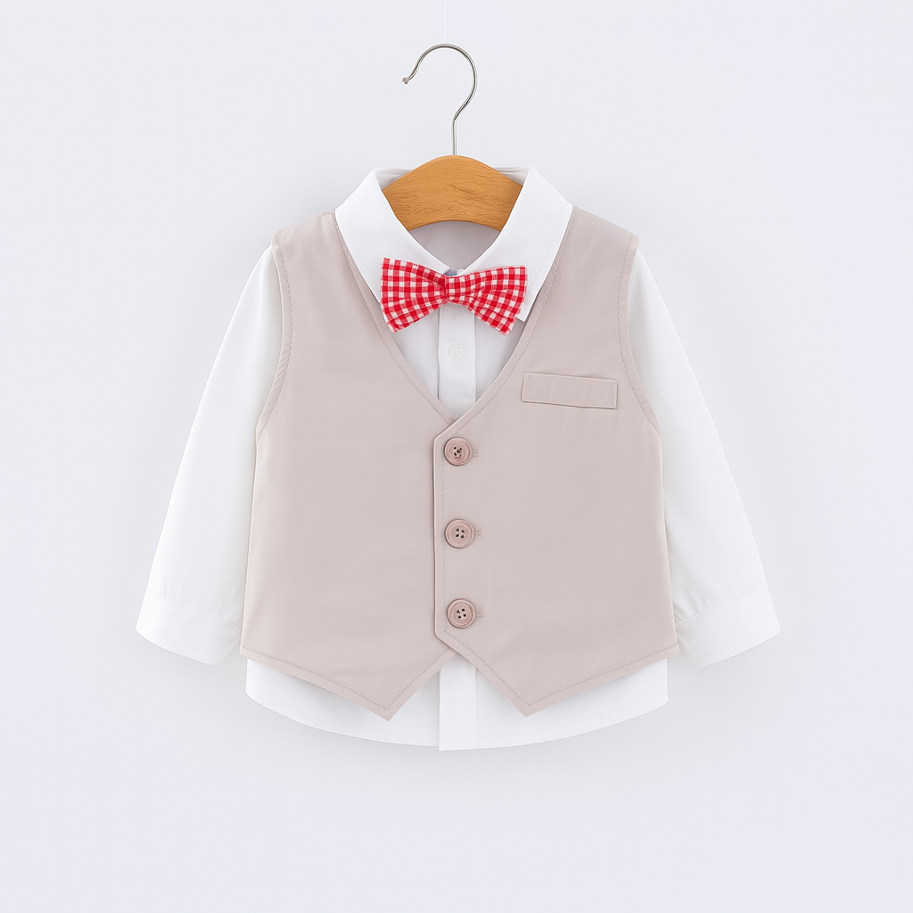 Fennco Styles - Vendita all'ingrosso Completino - Neonati - Camicia, pantaloni e gilet da cerimonia bianco kaki, completo da bambino, 3 pezzi1