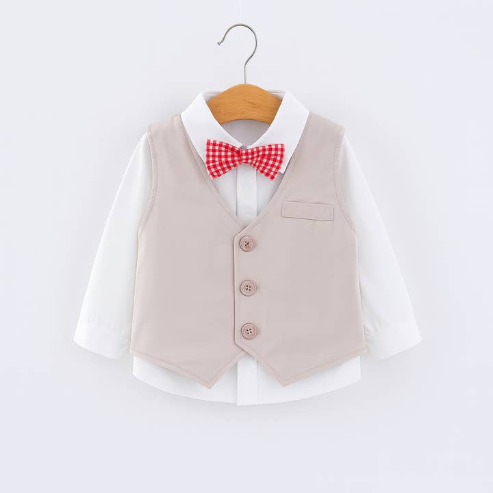 Fennco Styles - Wholesale Clothing Set - Baby - Khaki White Formal Wear Shirt, Pants & Vest 3pcs Boy Outfit2