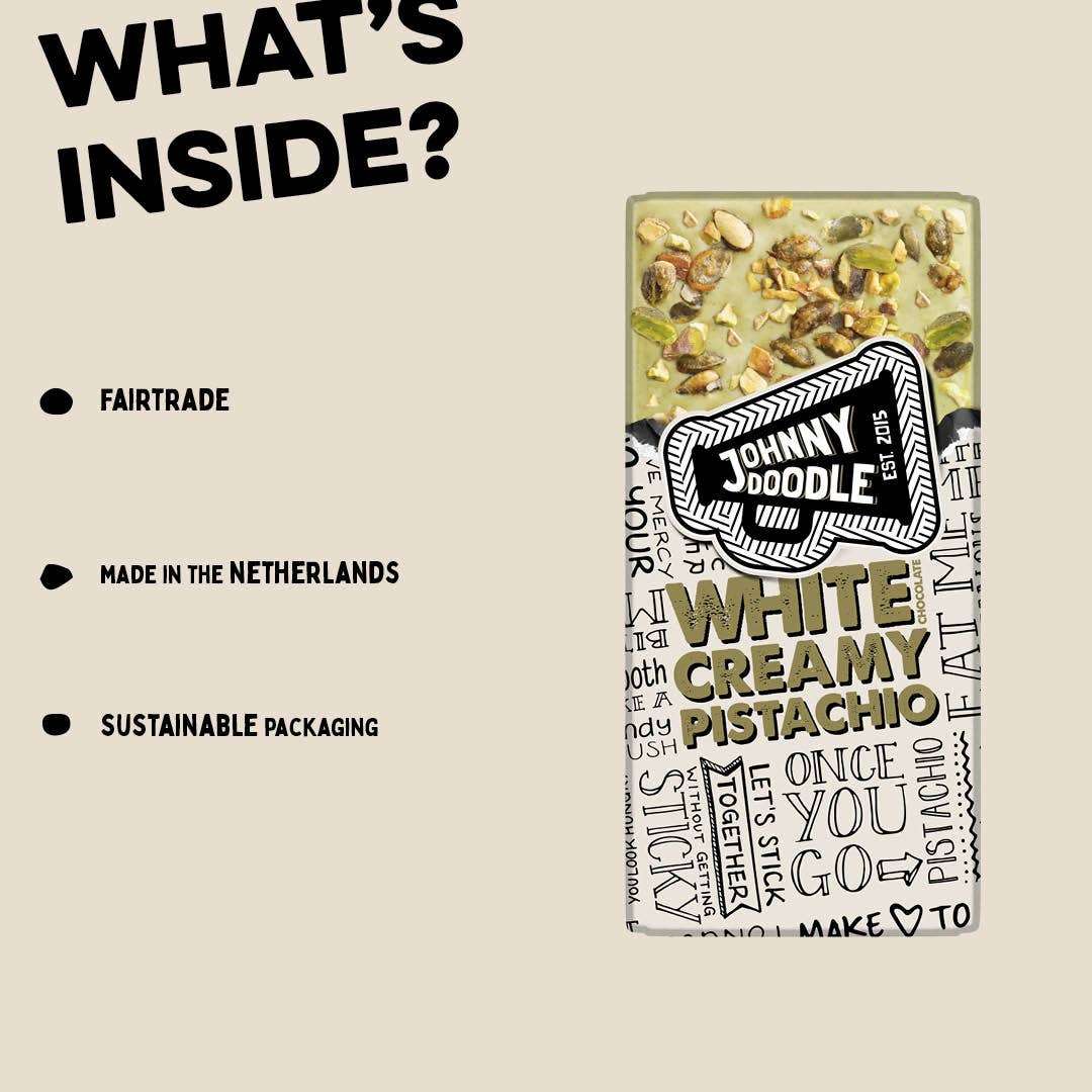 VS Food Online - Johnny Doodle - Vendita all'ingrosso Barretta di cioccolato - Cioccolato bianco cremoso al pistacchio - Johnny Doodle - Fairtrade4