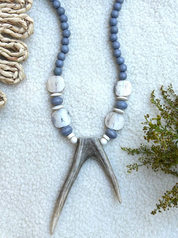 Mid length deer antler. statement necklace chunky bead for wholesale by April Mae Designs
