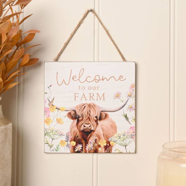**MULTI 6** Country Living Highland Cow Hanging Square Shaped Plaque12cm "Welcome to our Farm" for wholesale by WIDDOP and Co. US
