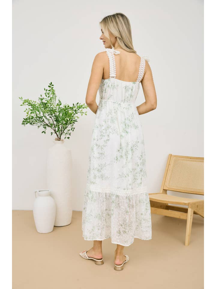 MINE - Wholesale Dress - Women's - POLKA DOT FLORAL EYELET LACE TRIM MIDI DRESS