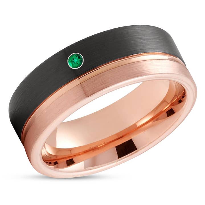 Black Wedding Ring - Tungsten Wedding Ring - Rose Gold Tungsten Ring - Emerald Ring for wholesale by Lucky Love Rings