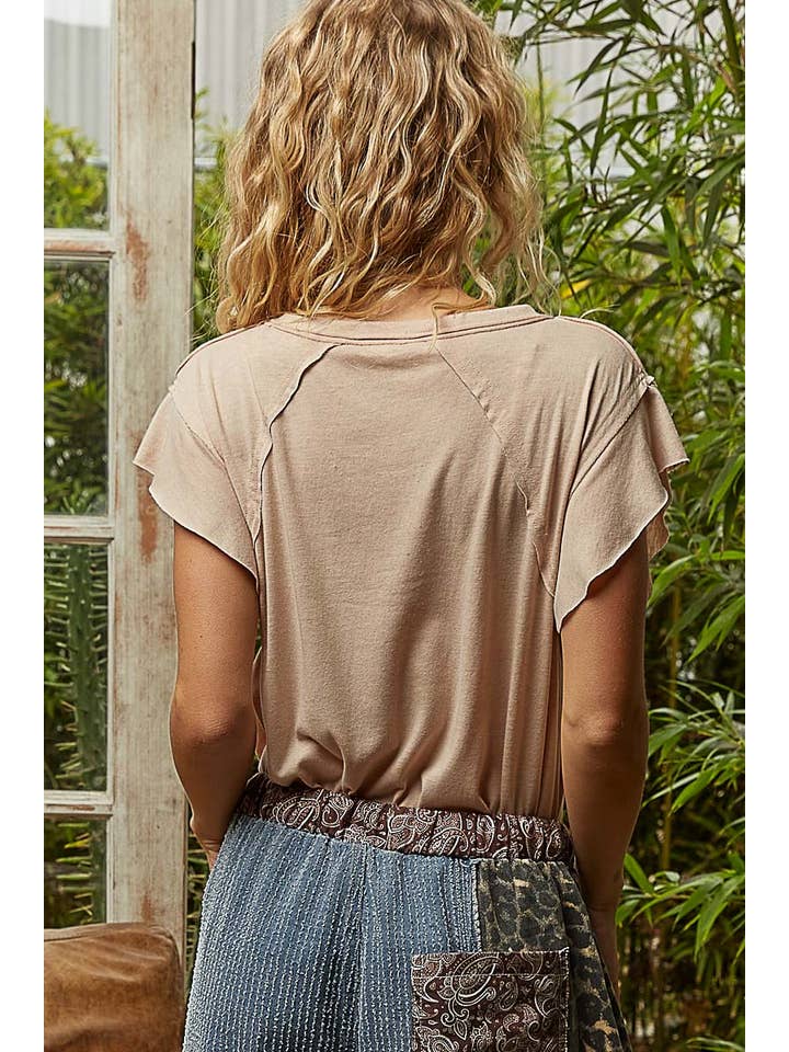 Pol Clothing - Wholesale T-Shirt - Women's - V-neck ruffle short sleeve solid basic cotton top3