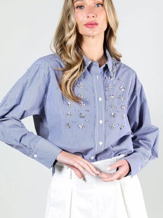 LANGÆRMET RHINESTONE DETALJE STRIPE SKJORTE TOP for engroshandel hos Pink Irene Wholesale