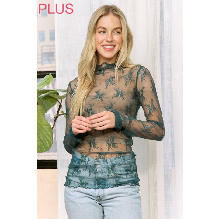 Sweet Generis - Wholesale Knit Top - Women's - PLUS MESH LACE HIGH NECK DESIGN LONG SLEEVE FITTED TOP34