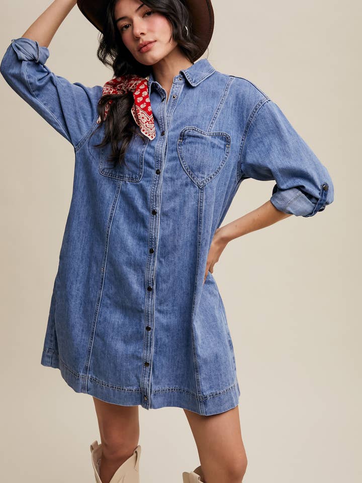 Denim Heart-Pocket Shirt Dress for wholesale by Listicle