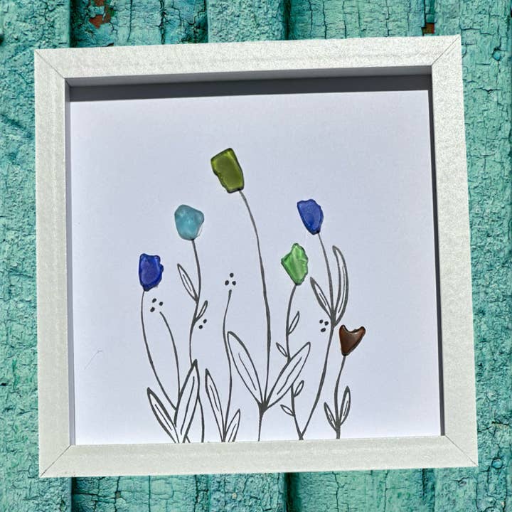 6 Wildflowers MINI - Sea Glass Art - 6x6 Framed for wholesale by Back Bay Designs