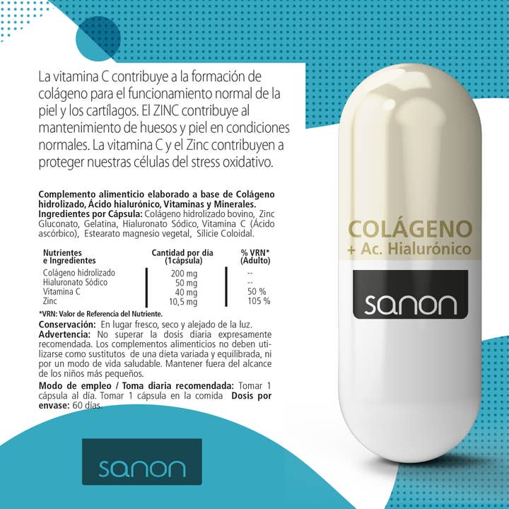 Pridahofarma - Venta al por mayor Suplementos/vitaminas para beber - SANON Colágeno + Ácido Hialurónico 60 cápsulas