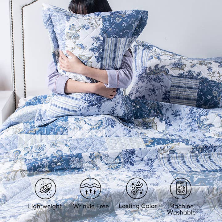 VIAI Beauty - Wholesale Bedding Set - Kasentex Vintage Blue Patchwork Floral Quilt Set - All Season Bedding, Room Decor, Graduation Gifts1