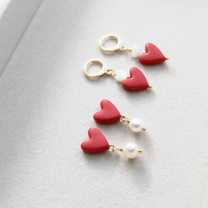 Studio Niani - Wholesale Dangle Earrings - Heart Earrings, Valentine's Day, Cute Earrings, Red, Pearls4