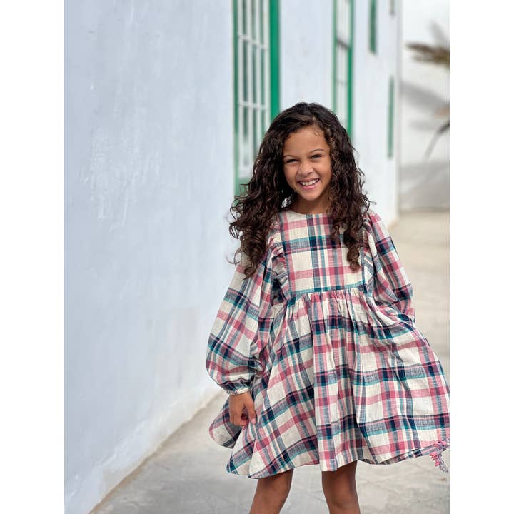 Prairie dress in pink and blue plaid for wholesale by Poppet & Fox