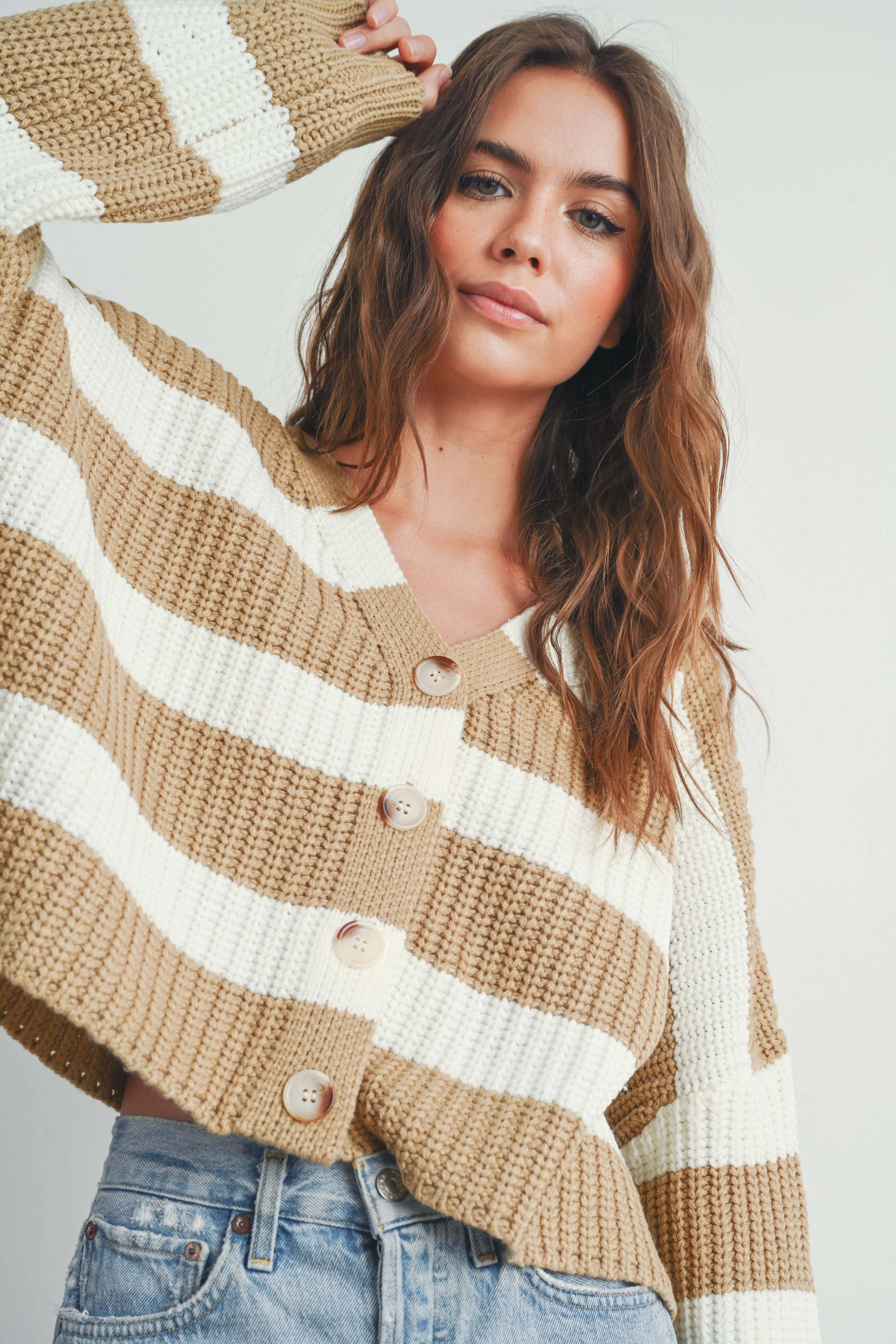 BUTTERMELON – wholesale Cardigan – Women’s – Striped V-Neck Cardigan with Buttons - BMC733110